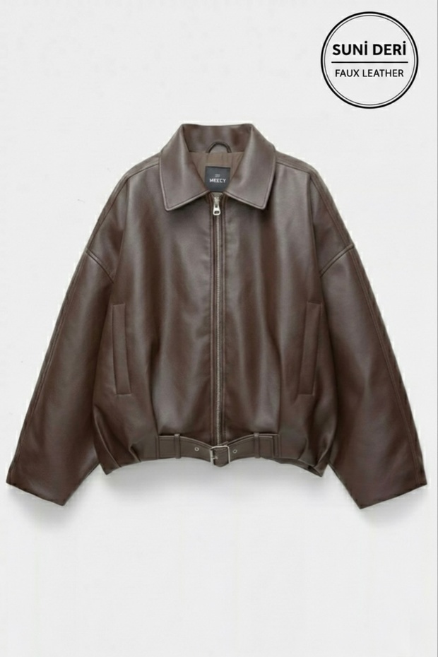 Women's Brown Oversize Faux Leather Bomber Jacket with Belt Buckle Pilot Jacket