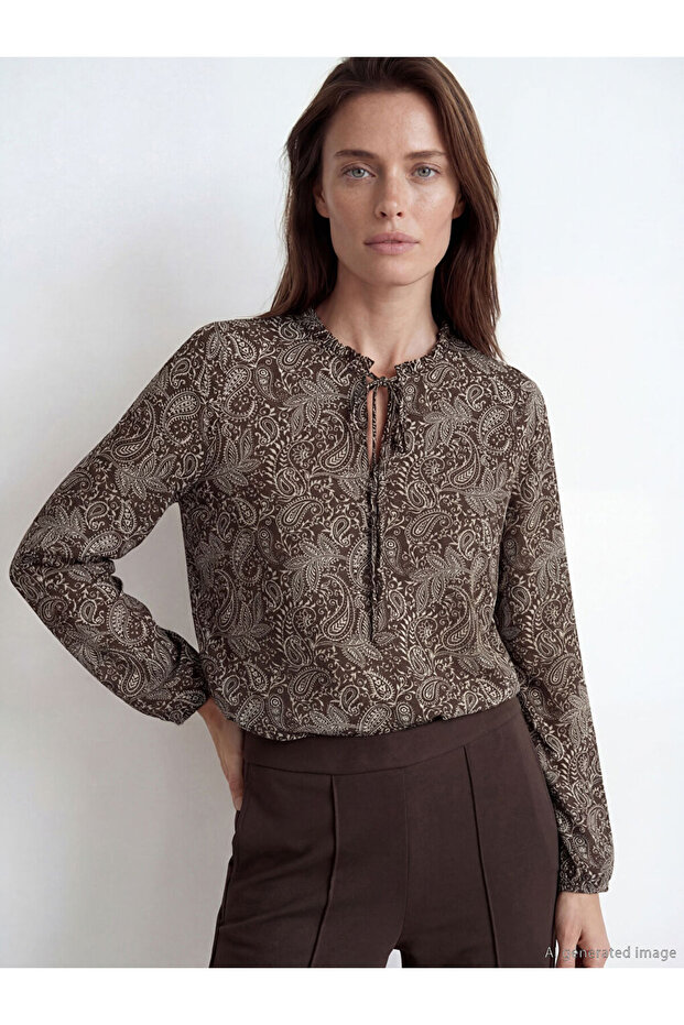 بلوزة LCW Grace بنمط ياقة مربوطة باللون البني