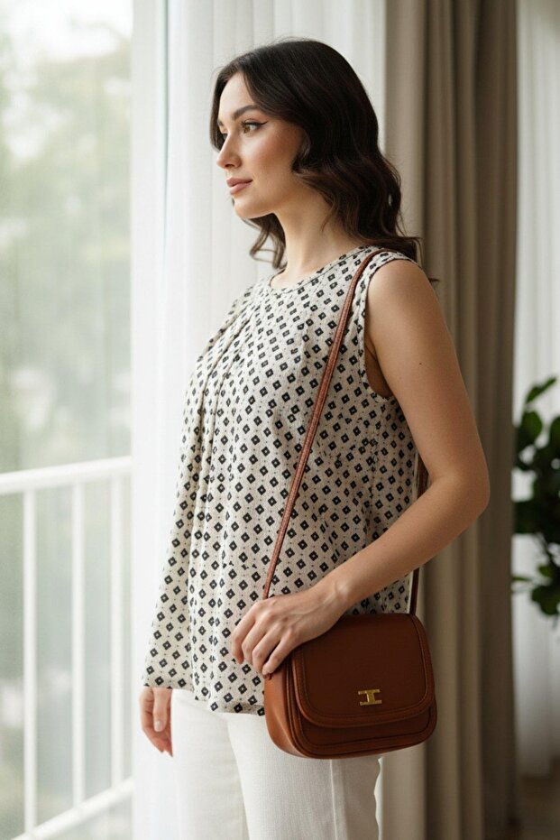 بلوزة جيرسيه منقوشة برقبة دائرية - بيج - 2