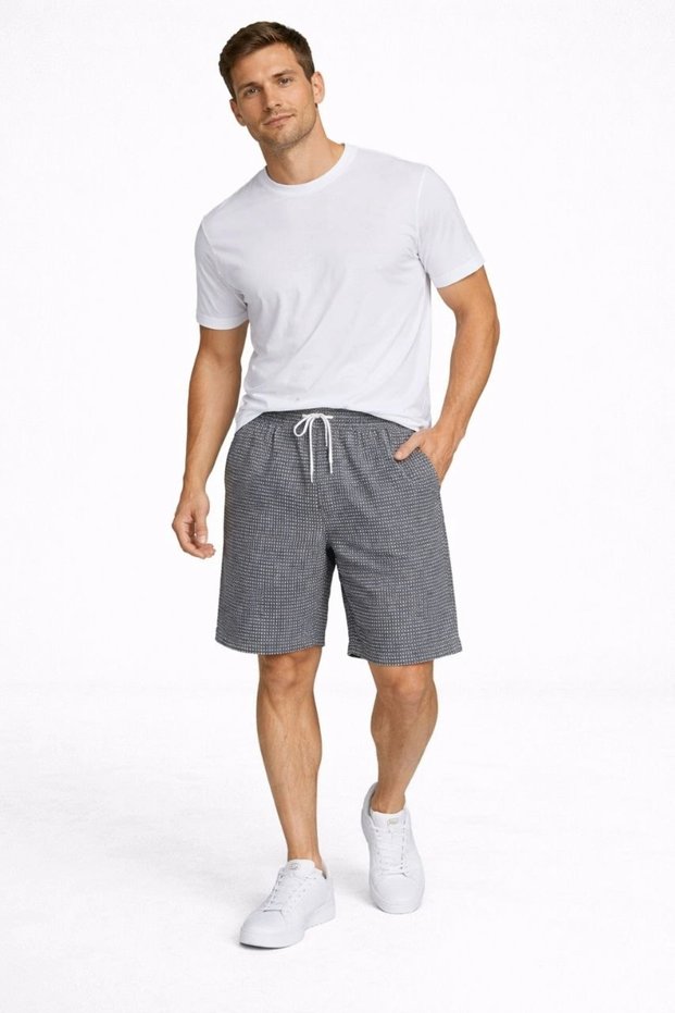 Men's Gingham Shorts – Elastic Waist, Lace-Up, Pockets, Summer Shorts - Smoked