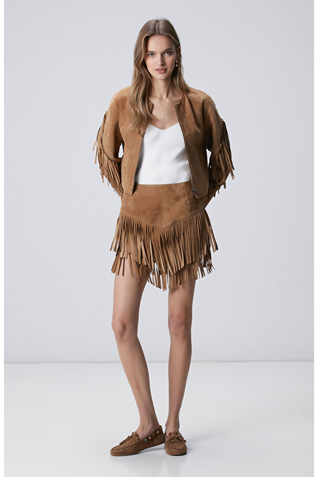 Camel Püsküllü Süet Deri Etek - 1