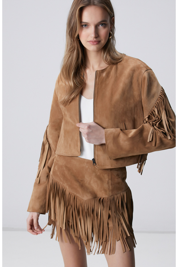 Camel Püsküllü Süet Deri Ceket - 2