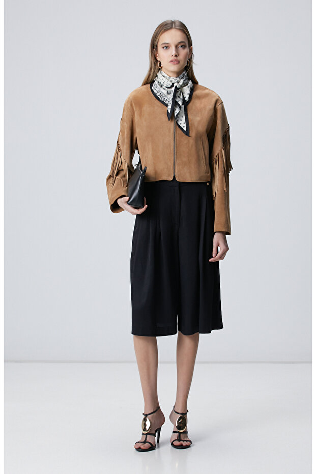 Camel Püsküllü Süet Deri Ceket - 3