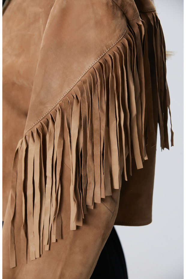 Camel Püsküllü Süet Deri Ceket - 7