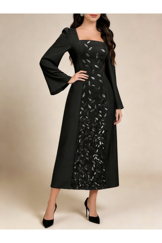 Black Embellished A-Line Midi Dress