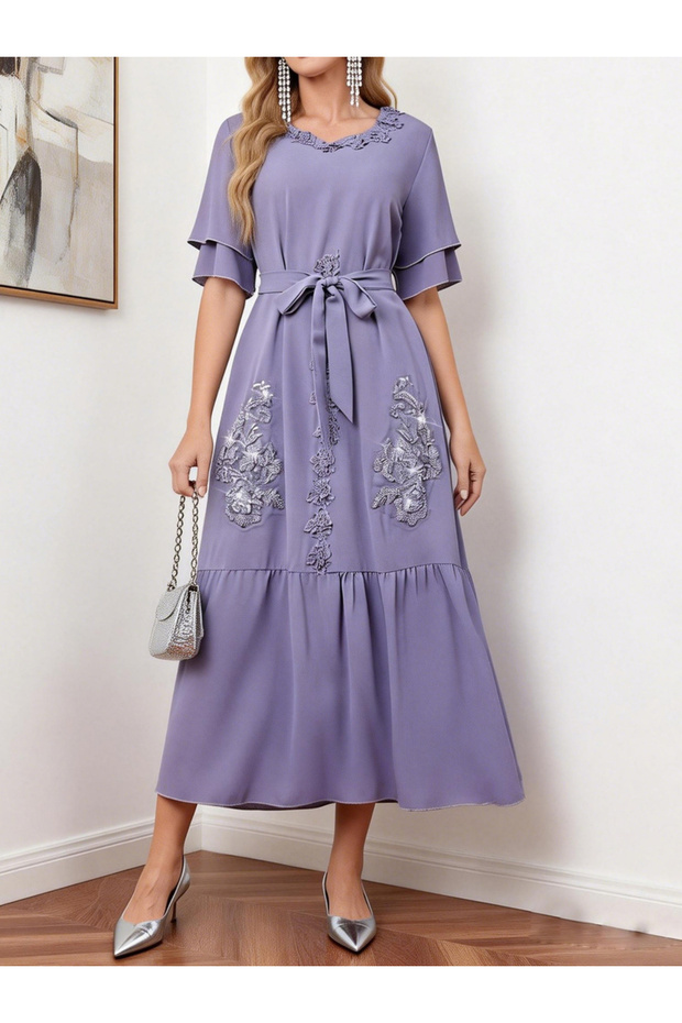 Purple Embellished Belted Ruffle Midi Dress