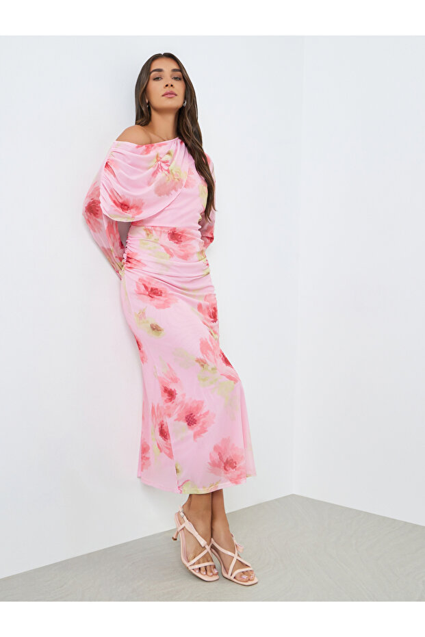 Women Pink Floral Print One Shoulder Midi Dress