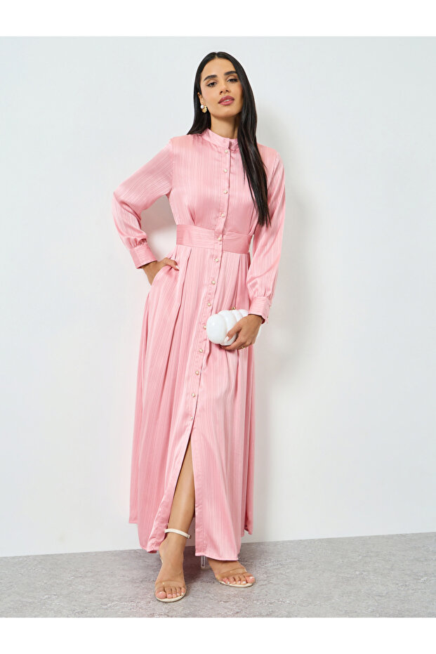 Pink Long Sleeves Shirt Maxi Dress