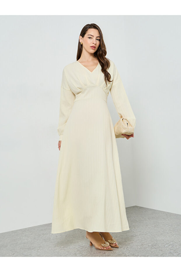 Beige Textured V Neck Maxi Dress