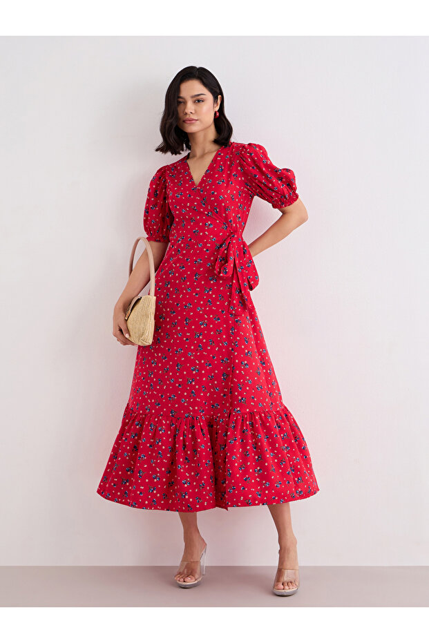 Women Red Floral Print Wrap Midi Dress