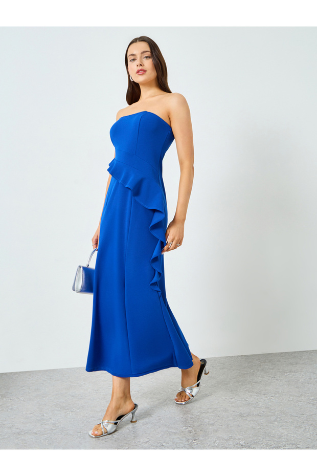 Blue Bandeau Neck Frill Detail Maxi Dress