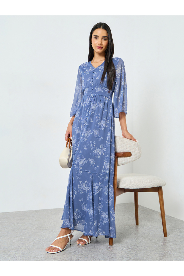 Blue Floral Print Mermaid Maxi Dress with 3/4th Sleeves