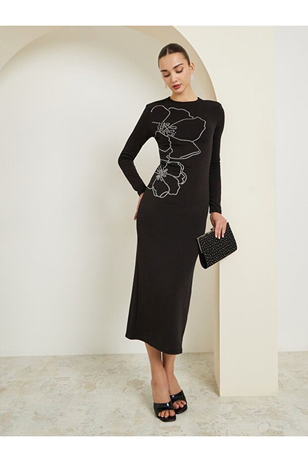 Black Embellished Bodycon Midi Dress