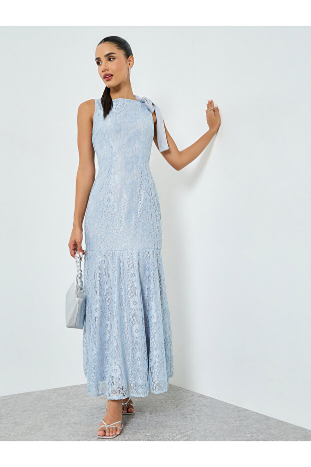 Light Blue Lace Sleeveless Mermaid Maxi Dress