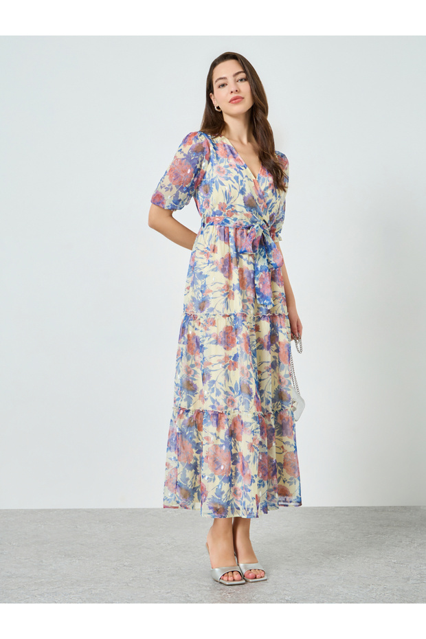 Women Lurex Chiffon Floral Print Maxi Dress