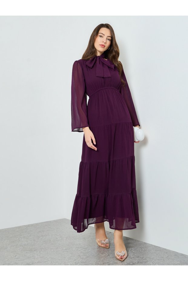 Women Purple Tiered Maxi Dress with Tie-Up Neck