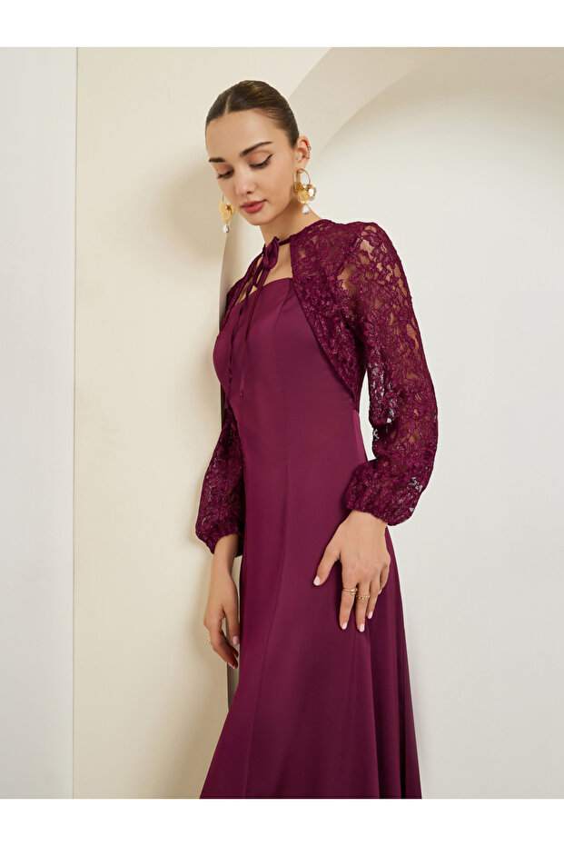 Burgundy Lace Sleeves A-Line Maxi Dress