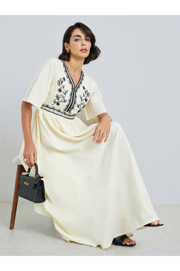 Women Cream Embroidered A-Line Maxi Dress