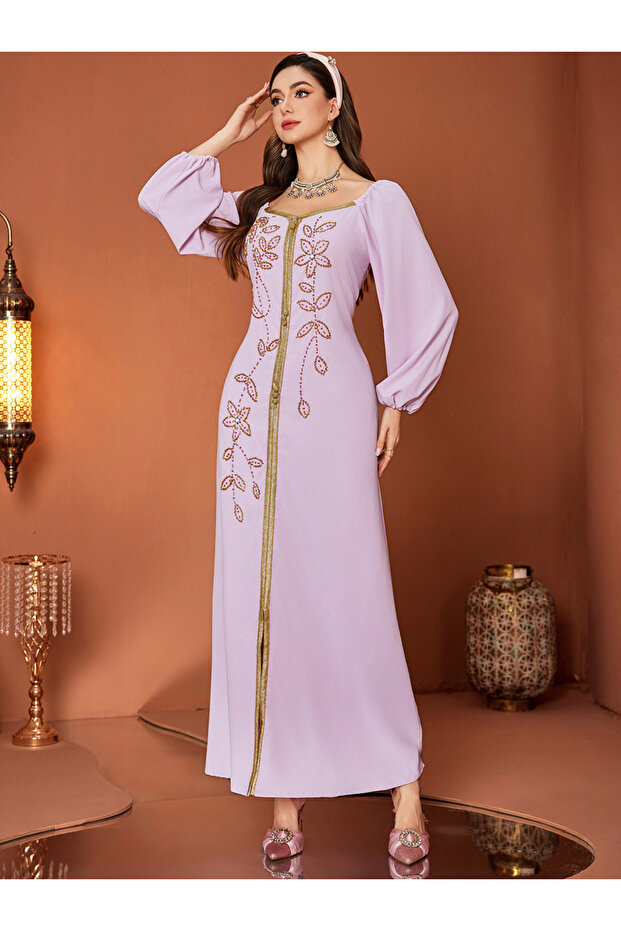 Women's Solid Rhinestone Embellished Long Sleeve Elastic Cuff Golden Trim Jalabiya