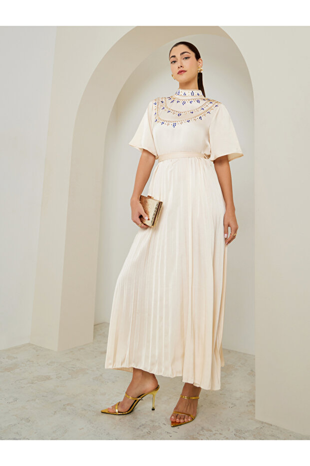 Cream Embellished Pleated A-Line Maxi Dress