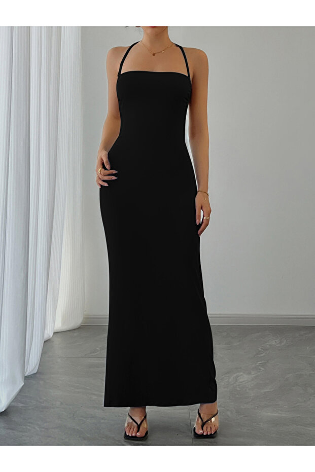Women Black Halter Neck Sleeveless Bodycon Maxi Dress