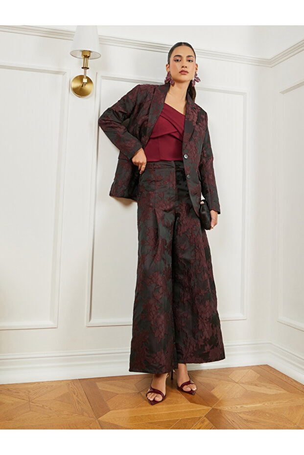 Burgundy Jacquard Wide Leg Trousers