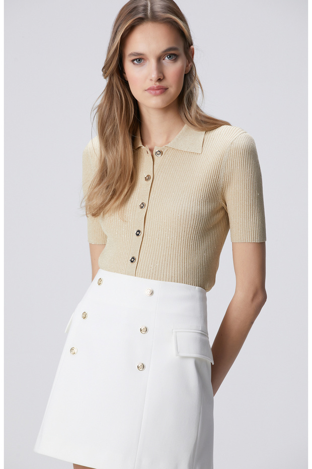 Bej Sim Dokulu Kısa Kol Triko - 1