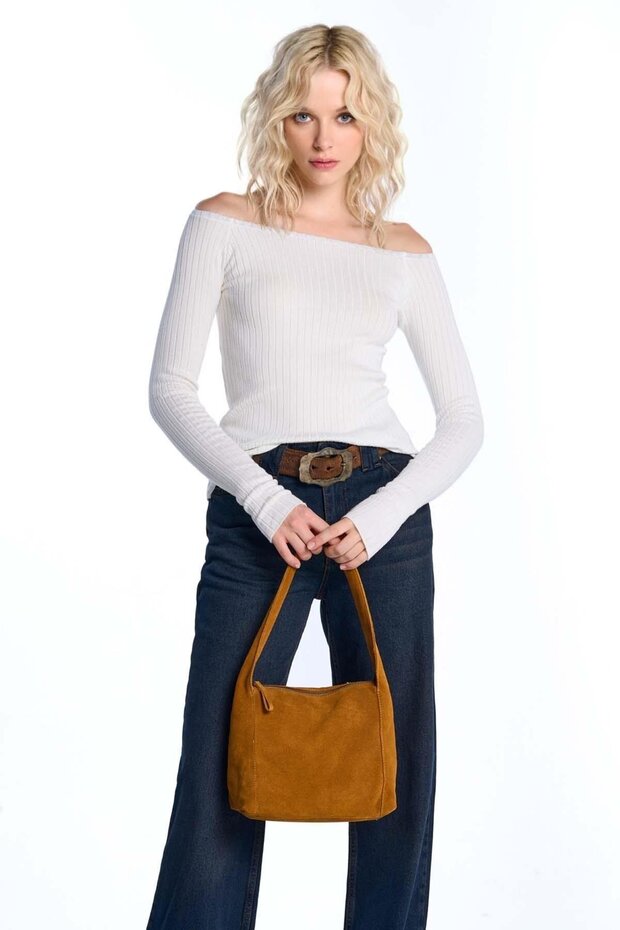 Beige Off-Shoulder Knitwear Blouse