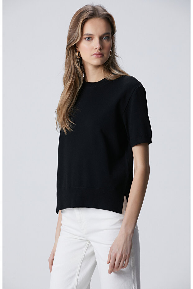 Siyah İnce Ribana Örgü Dik Yaka Rayon Basic Kazak - 4