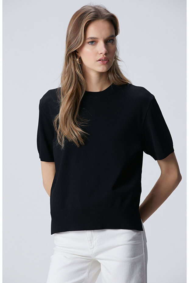 Siyah İnce Ribana Örgü Dik Yaka Rayon Basic Kazak - 1