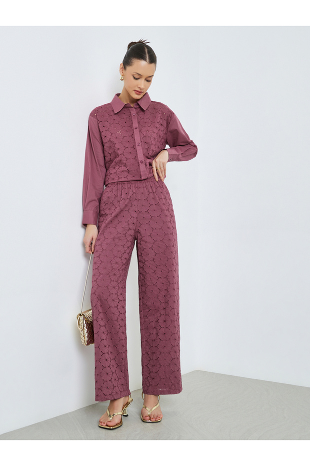 Purple Embroidered Wide Leg Trousers