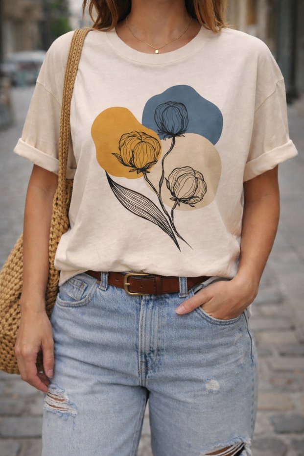 Abstract Flowers and Colorful Shapes Printed Cotton Relaxed Fit Round Neck Unisex T-Shirt