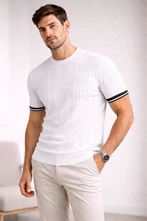Men's Slim Fit Knitwear T-Shirt | Corded Fabric | Stripe Detailed Short Sleeve