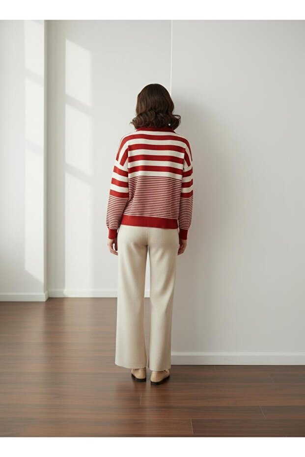 Kırmızı Bej Çizgili Basic Kazak - 2