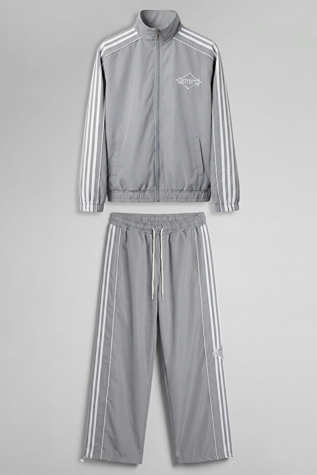 Men's Relaxed Fit Striped Sports Tracksuit Set Gray