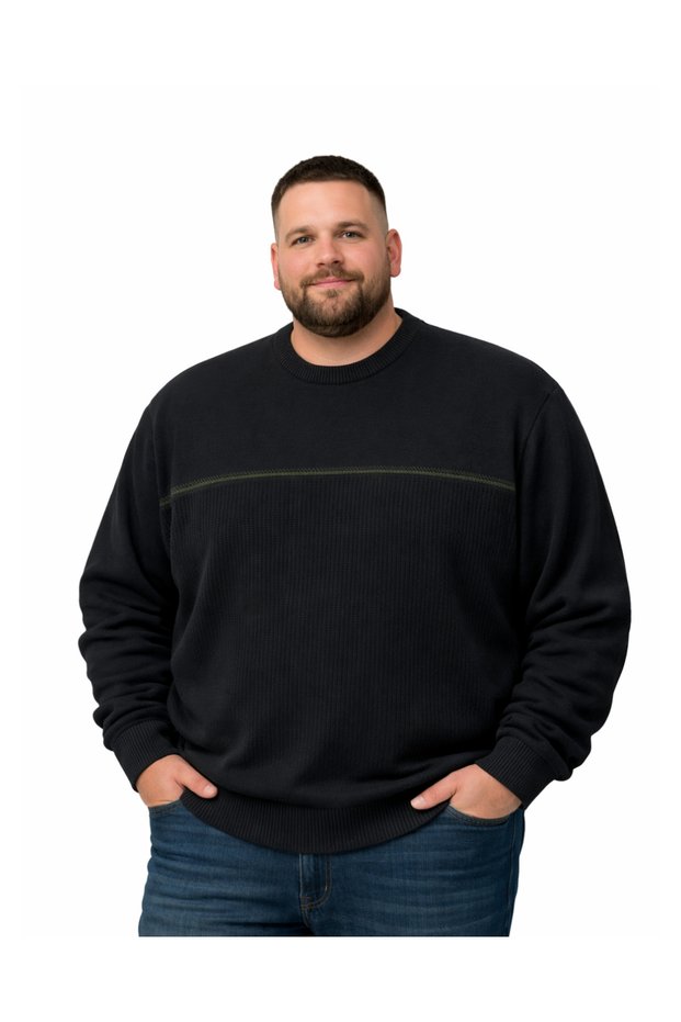 Men's Large Size Black Crew Neck Stripe Detailed Knitwear Sweater 3Xl-4Xl-5Xl-6Xl