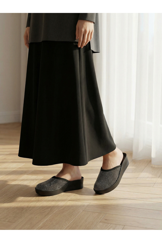 Women's Black Stone Wedge Heel House Slippers Stylish Comfortable Daily Use