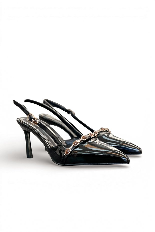Women's Black Patent Leather Medium Heel Stiletto with Accessories New Season Hk212