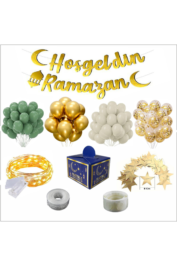 Welcome Ramadan Set with Eucalyptus, Gold, Sea Sand, Transparent Balloons (Date Palm Boxed)