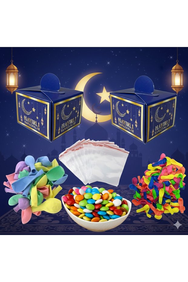 50-Piece Auspicious Ramadans Box+100 Balloons+100 Water Balloons+500 Gr Bonibon+50 Ziplock Bags Gift Set
