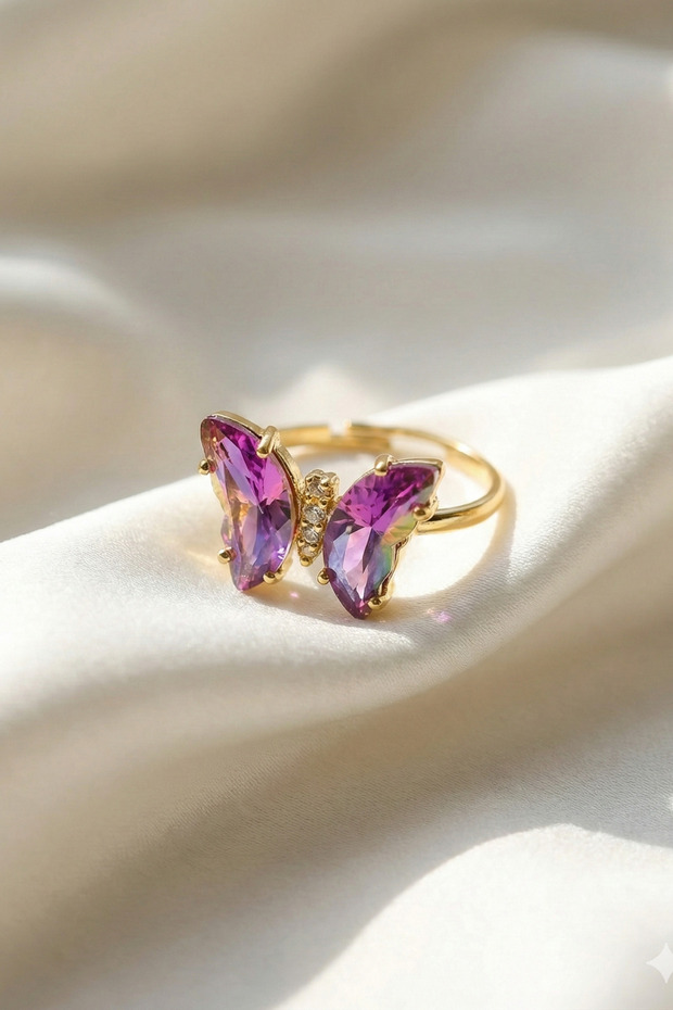 Steel Shiny Butterfly Glossy Gold Color Ring Adjustable