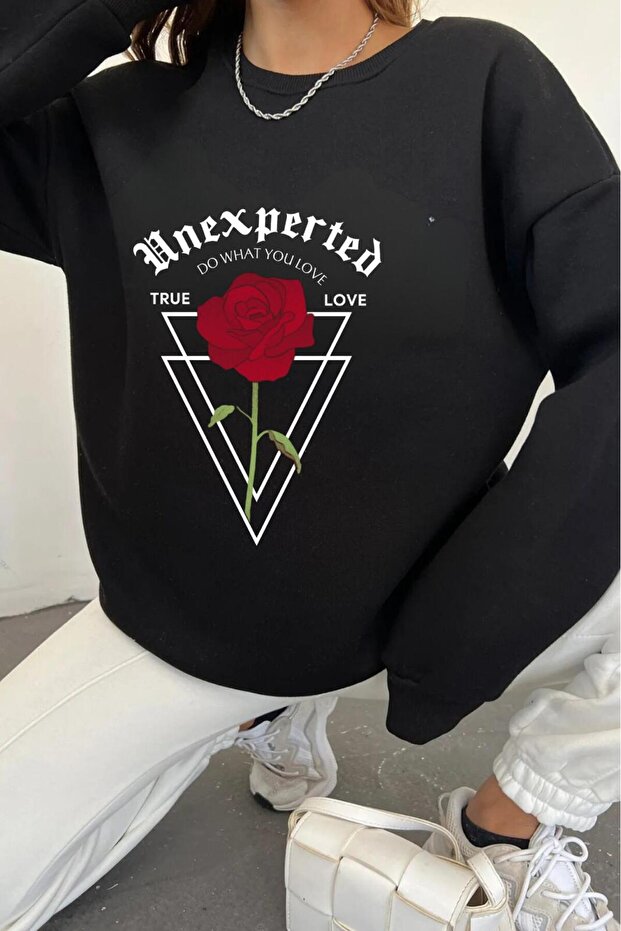Women's Black Unexperted Printed Crew Neck Sweatshirt