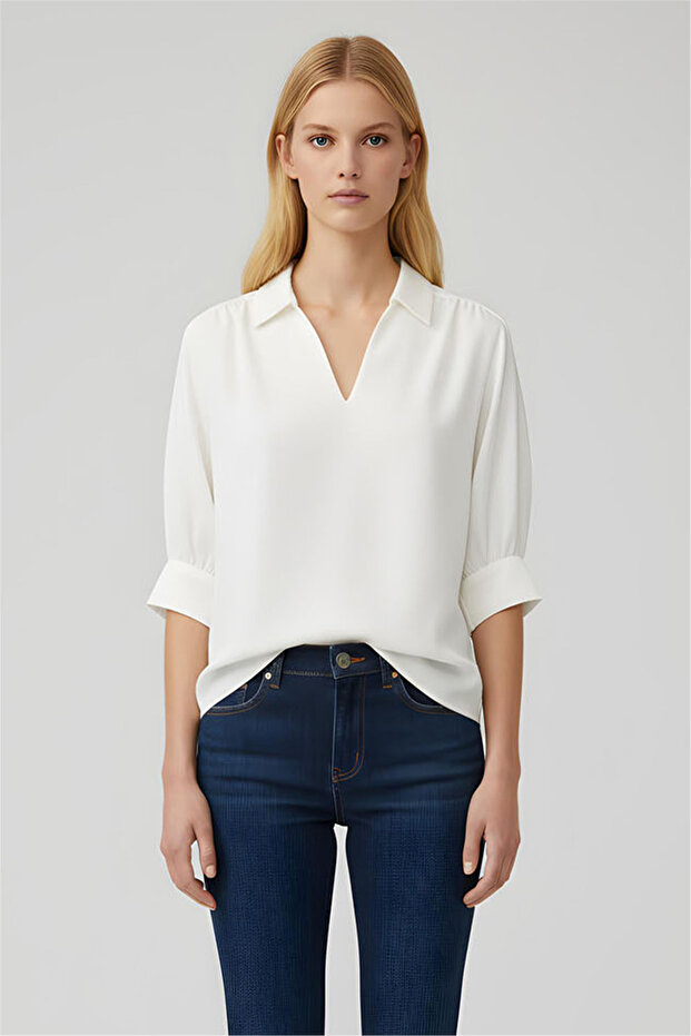 Ekru Gömlek Yaka Bluz - 1