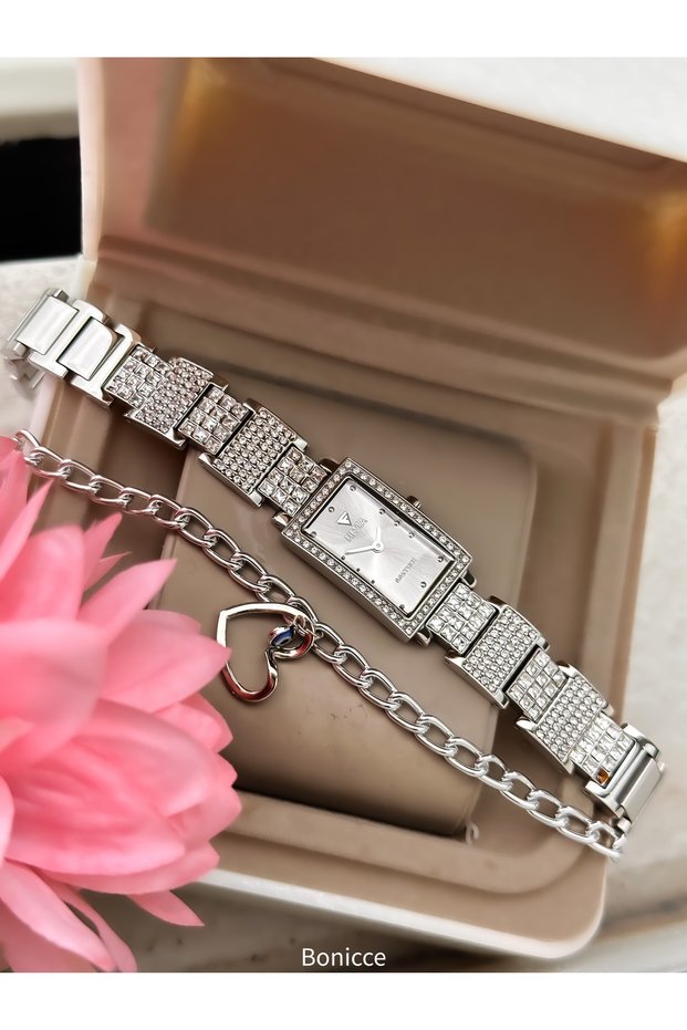 Full Steel (Case, Cord) Elegant, Gray Color Rectangular Case with Stones, in Stylish Box + Bracelet