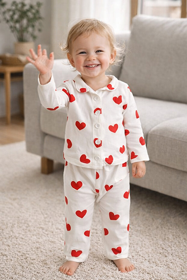 طقم بيجامة منقوشة بأزرار مصنوعة من القطن بنسبة 100% - 2