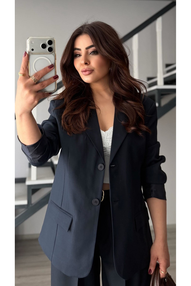Navy blue oversized jacket with detachable shawl accessory