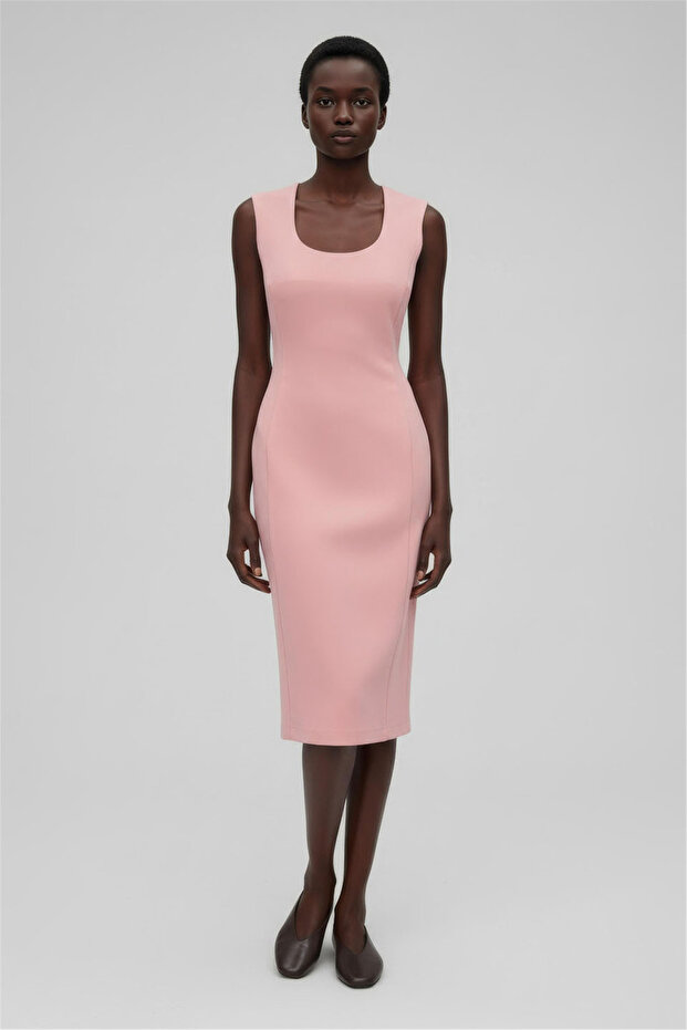 Pembe U Yaka Midi Elbise - 1