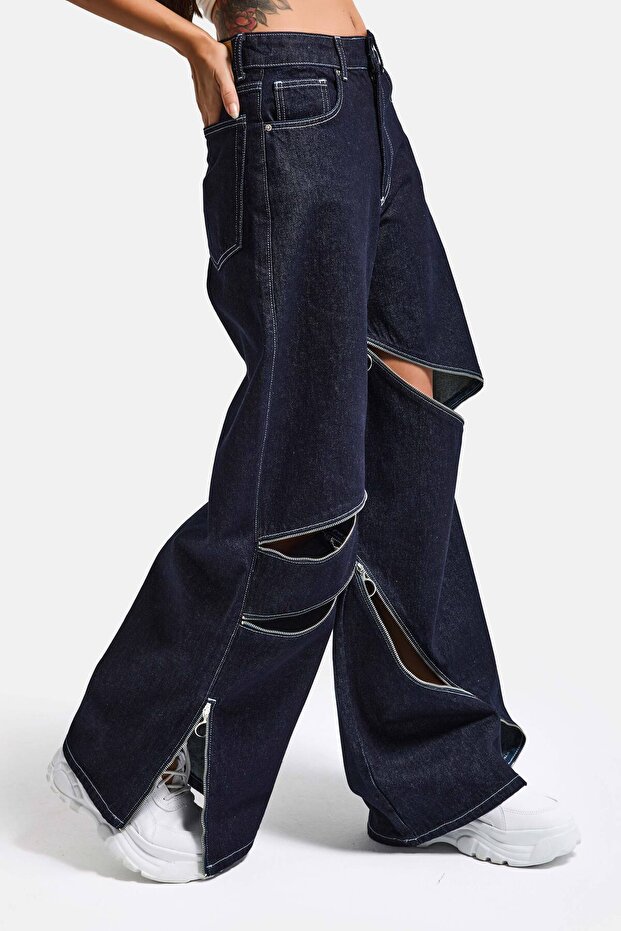 Women's Indigo Selvedge 7S6-50 Super Baggy Fit Zipper Detailed Special Design Denim Jeans