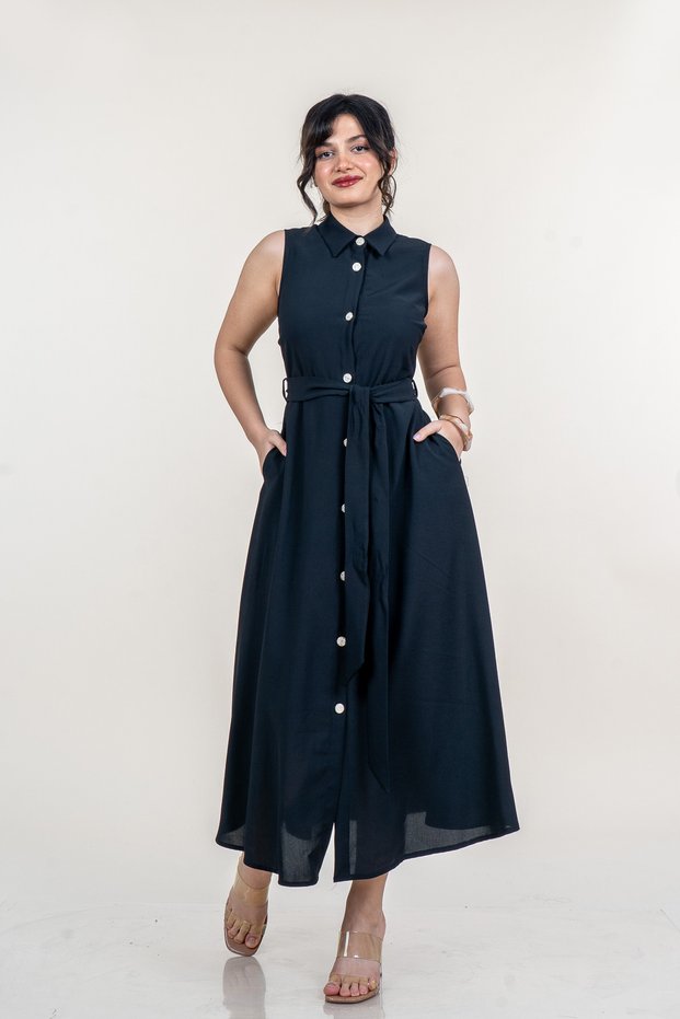 Women's Summer Black Front Buttoned Sleeveless and Belted Long Dress Stylish Daily Comfortable 50276