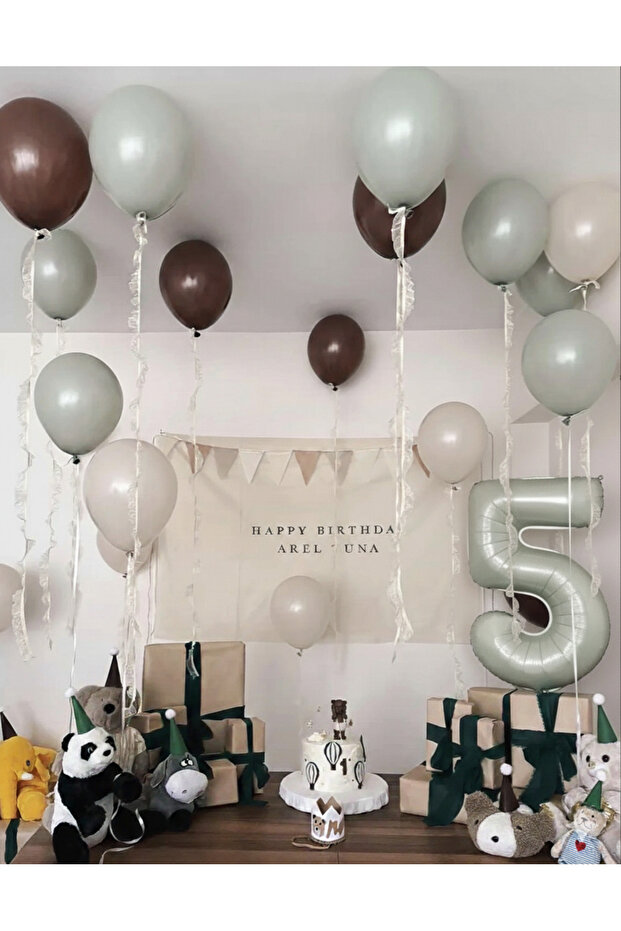 Beige Brown Light Mint Balloon and Number Balloon Set 21 Pieces